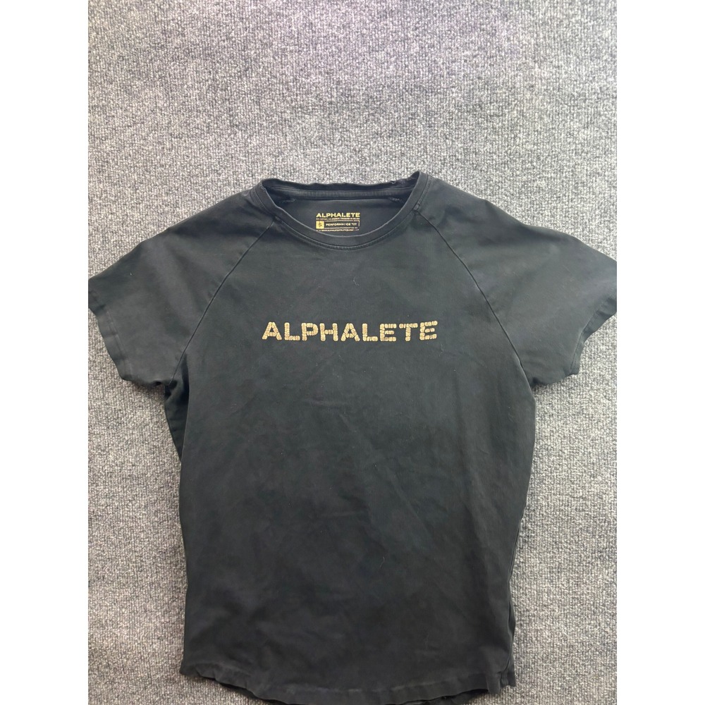 Alphalete Performance Fit T-Shirt Mens Small Black Gold Logo Raglan Short Sleeve